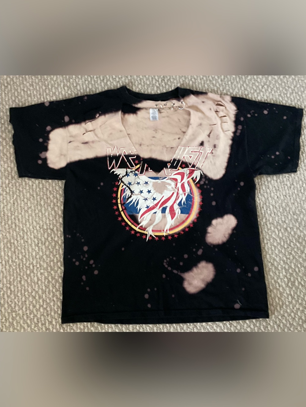 Black Bleached Graphic Short Sleeve Tee with Eagle Motif